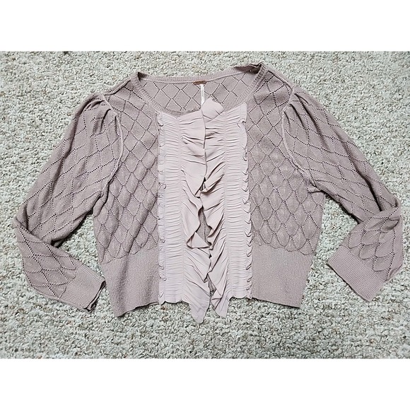 Free People Sweaters - Free People Mauve Ruffles Cardigan Size S  Diamond Pattern Linen Blend‎